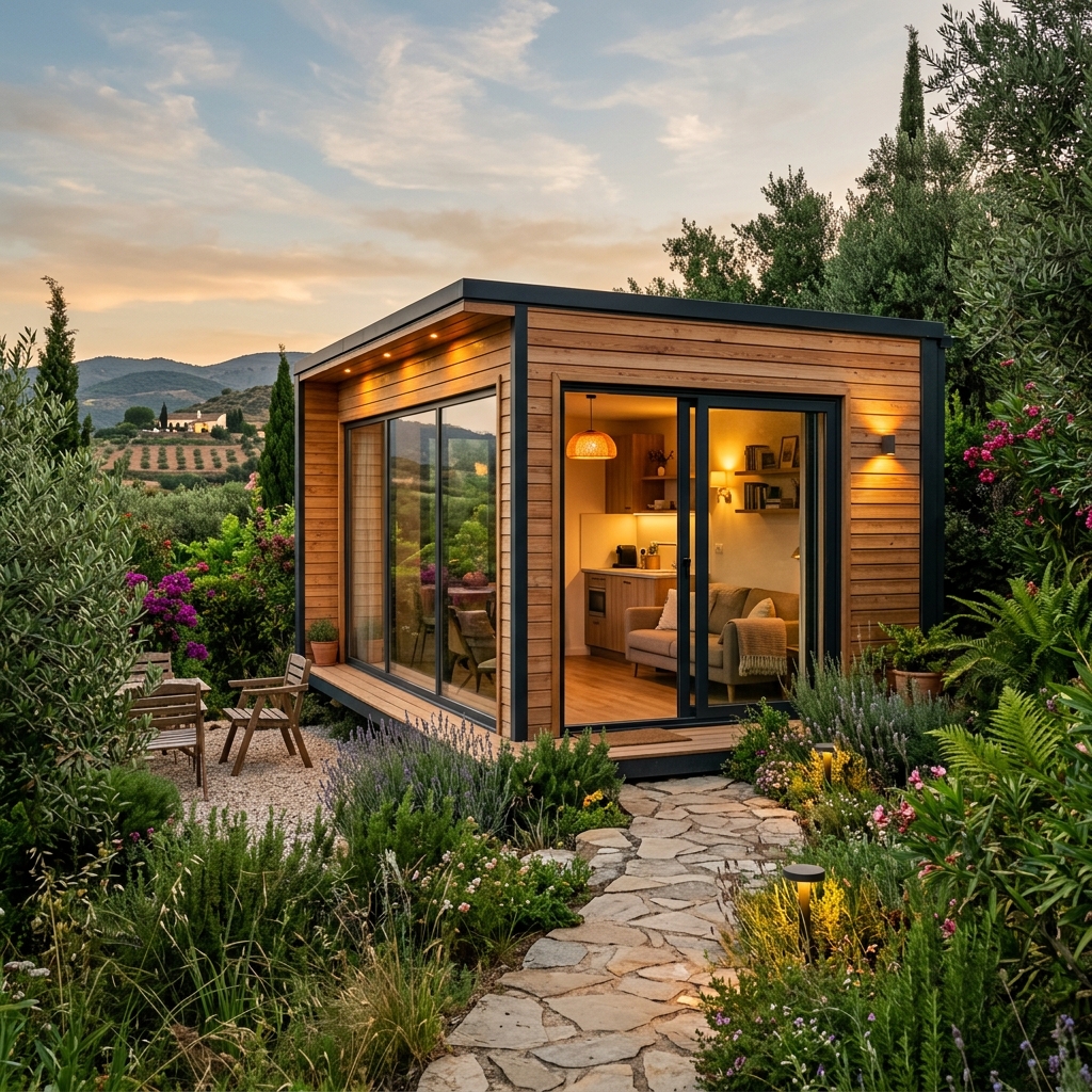 Casita de invitados modular en jardín