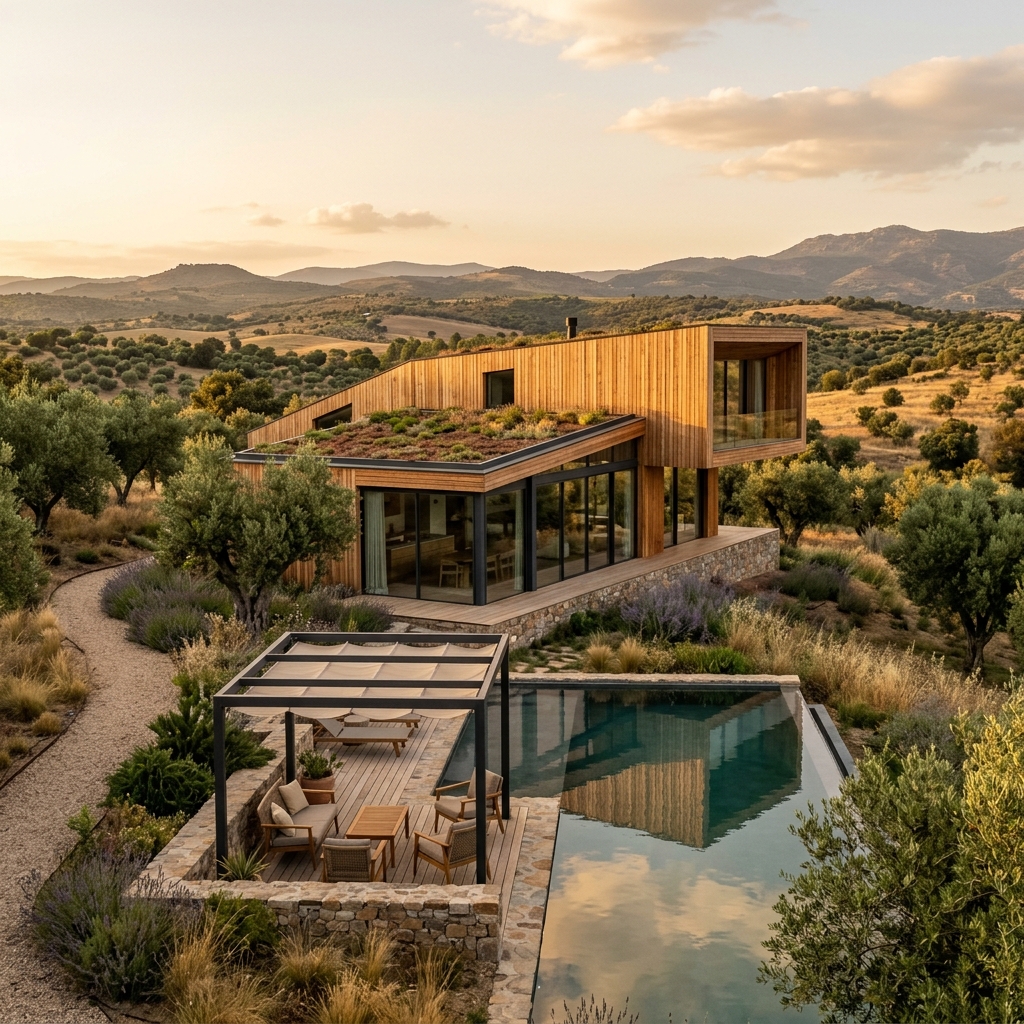 Casa modular de madera en España al atardecer