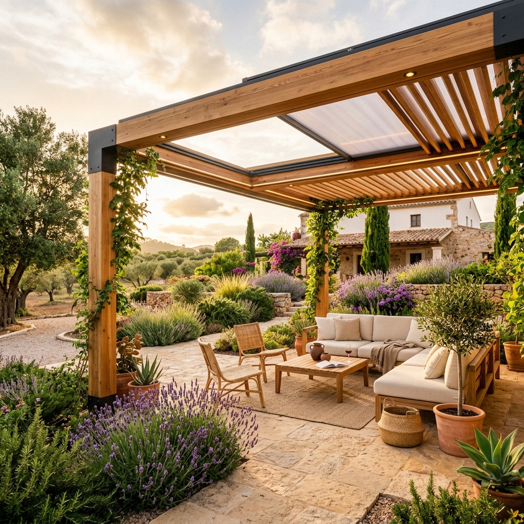 Pérgola bioclimática en jardín mediterráneo