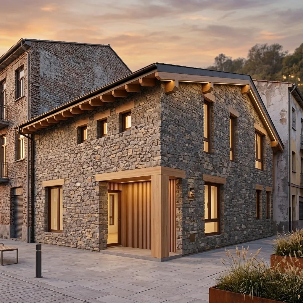 Casa medianera de madera en trama urbana